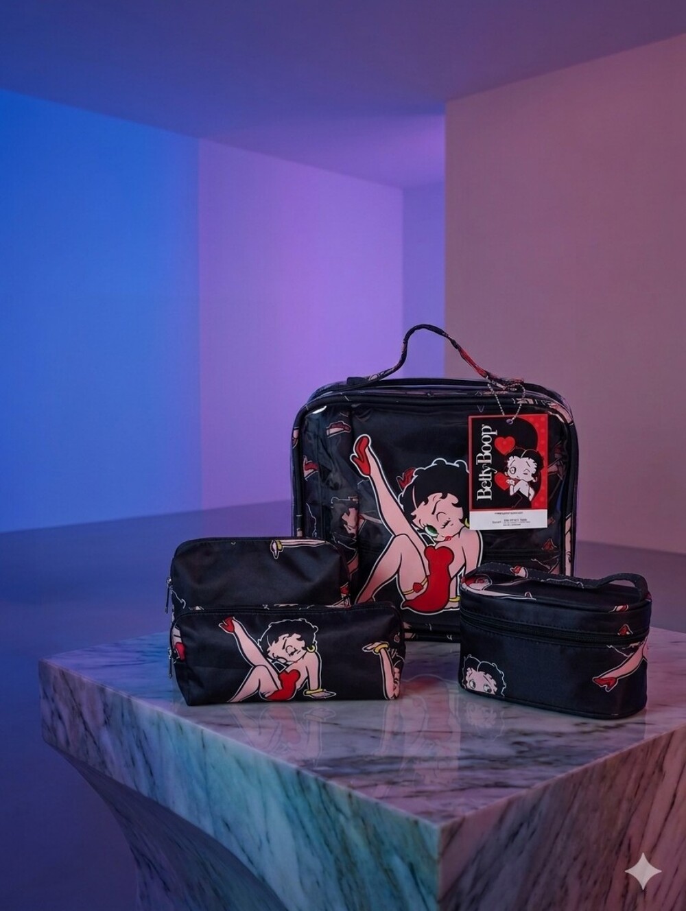 NWT Betty Boop 4pc Cosmetic Bag Set Clear Travel Case Pinup Leg